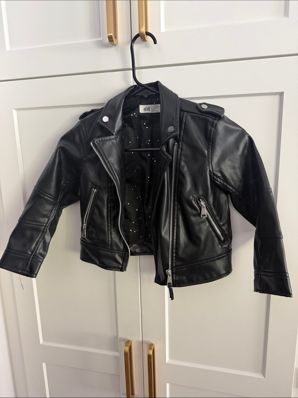 H&M Black Faux Leather Kids Biker Jacket with Zippers 6